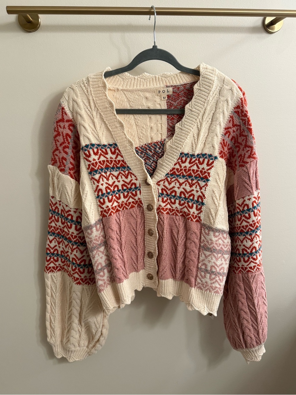 Grey Bandit Patchwork Cable-Knit Cardigan Sweater in Cream & Pink